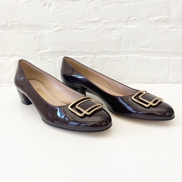 Salvatore Ferragamo || Buckle Low Pumps Burgundy Patent Gold 9.5 - Picture 1 of 12